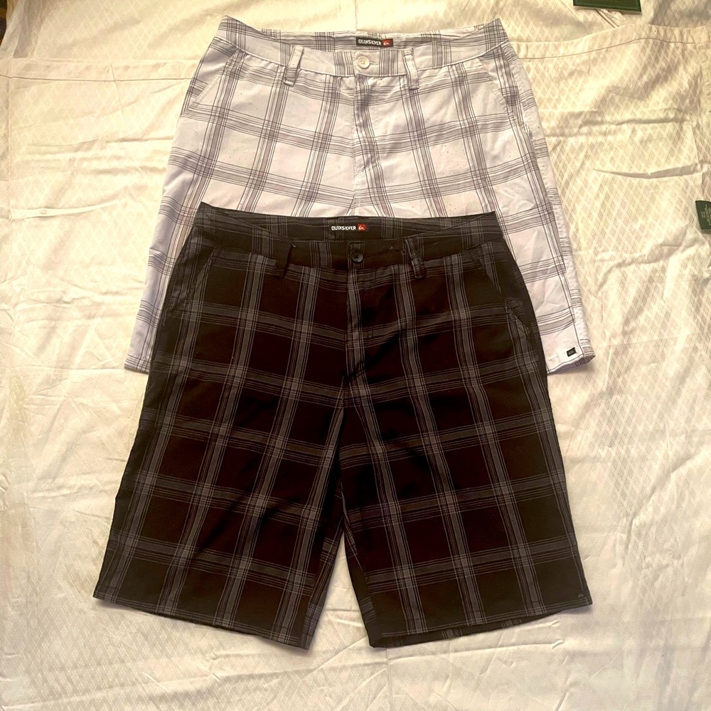 Quicksilver shorts size 36 one Black with silver/grey design the other white